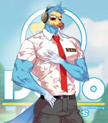  1boy animal_crossing artist_name bara belt between_pectorals bird_boy commentary_request feathers furry furry_male glasses grabbing headphones hoki male_focus muscular muscular_male necktie necktie_between_pectorals pectoral_grab pectorals sky solo sunglasses wilbur_(animal_crossing) 