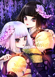  1boy black_eyes black_hair blunt_bangs bob_cut brother_and_sister closed_mouth commentary_request dark female flower hair_flower hair_ornament holding holding_lantern japanese_clothes kanzashi kimetsu_no_yaiba kimono lantern lipstick long_sleeves looking_at_viewer makeup misty_cj obi otoko_no_ko paper_lantern petals sash short_hair siblings smile ubuyashiki_kanata ubuyashiki_kiriya upper_body white_hair 