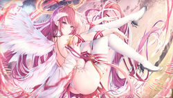  angel_wings arm_ribbon ass back bad_id bad_pixiv_id black_footwear blush breasts closed_mouth cloud dot_mouth feathered_wings female floating floating_hair from_side full_body grass hair_ribbon head_wings high_heels knees_up large_breasts leg_up leotard long_hair looking_at_viewer manman_manyou_haiyang_de_paomo millennium_tour mountain multiple_wings outstretched_arms pink_eyes pink_hair pink_ribbon pink_sky ribbon sinkou sky solo thighhighs turning_head twilight very_long_hair white_leotard white_ribbon white_thighhighs white_wings wings 