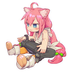  :3 absurdres ahoge animal_ear_fluff animal_ears back_bow blue_eyes blush boots bow cat_ears choker commentary_request controller dot_nose female feral_lemma flat_chest full_body game_controller hair_between_eyes hair_bobbles hair_ornament highres hinata_channel long_hair low_twintails nekomiya_hinata paid_reward_available photoshop_(medium) pink_hair playstation_controller shoes sidelocks simple_background sitting sleeveless solo straight_hair striped tank_top twintails very_long_hair virtual_youtuber white_background white_footwear yellow_legwear zipper_pull_tab 