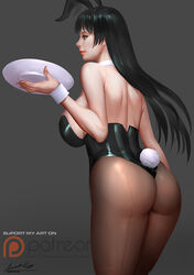  animal_ears ariverkao ass back-seamed_legwear backless_outfit bare_arms bare_shoulders black_hairband black_leotard black_pantyhose breasts brown_eyes chinese_commentary closed_mouth commentary_request cowboy_shot dated fake_animal_ears female from_behind grey_background hairband large_breasts leotard lips long_hair original pantyhose patreon_logo playboy_bunny rabbit_ears rabbit_tail seamed_legwear sideboob signature solo standing straight_hair tail wrist_cuffs 