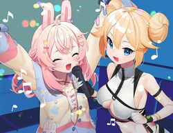  2girls 786(nayam) absurdres ahoge animal_ears arm_strap arms_up black_gloves blonde_hair blue_bow bow breasts cleavage clenched_hand closed_eyes coat covered_collarbone criss-cross_halter crop_top double_bun gloves hair_between_eyes hair_bun hair_ornament hairbow halterneck heart heart_hair_ornament highres holding holding_microphone jacket kaneko_lumi kaneko_lumi_(3rd_costume) karaoke large_breasts microphone multicolored_clothes multicolored_coat multiple_girls musical_note navel open_mouth phase_connect pink_bow pink_hair pipkin_pippa pipkin_pippa_(1st_costume) rabbit_ears rabbit_girl rabbit_hair_ornament second-party_source single_glove virtual_youtuber 