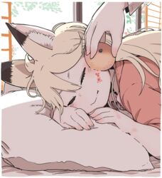  2020 ^_^ absurdres animal_ear_fluff animal_ears arm_rest backlighting blonde_hair blush body_writing border cheek_press close-up closed_eyes closed_mouth commentary_request ezo_red_fox_(kemono_friends) facing_viewer female food fox_ears from_side fruit hair_between_eyes hand_up hare_(tetterutei) head_rest highres holding holding_food holding_fruit indoors kemono_friends long_hair lying mandarin_orange new_year oerba_yun_fang on_side out_of_frame outline pillow short_eyebrows shouji skin_fang sleeping sliding_doors solo_focus split_mouth thick_eyelashes upper_body white_border white_outline 