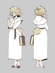  2020 alva_sinclair anthro barefoot belt blonde_hair book bovid caprine clothed clothing feet flashspot fur grey_background hair hands_together hi_res hollandworks male mammal model_sheet priest robe rope rope_belt sheep simple_background smile solo story story_in_description trans_(lore) trans_man_(lore) white_body white_fur wool_(fur) 