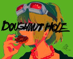  aqua_nails bead_necklace beads collarbone commentary_request covered_eyes crying dated donut_hole_(vocaloid) doughnut eating english_text eyebrows female food food_in_mouth goggles goggles_on_head green_background green_hair green_shirt gumi hand_up highres holding holding_food jewelry mago_oowarawa nail_polish necklace portrait shirt short_hair signature simple_background solo teeth upper_teeth_only vocaloid 