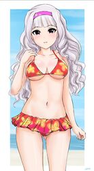  adjusting_clothes adjusting_swimsuit ass_visible_through_thighs beach bikini bikini_skirt blue_sky blunt_bangs breasts commentary_request cowboy_shot day female flick_(sal23) floral_print grey_hair hairband highres idolmaster idolmaster_(classic) long_hair looking_at_viewer medium_breasts navel ocean outdoors outside_border parted_lips print_bikini purple_eyes purple_hairband shijou_takane sky smile solo standing string_bikini swimsuit twitter_username white_hair 