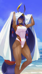  animal_ears armpits arms_up bare_shoulders beach blanket blue_sky breasts closed_mouth collarbone covered_navel dark-skinned_female dark_skin day earrings facepaint facial_mark fate/grand_order fate_(series) female hair_tubes hairband highleg highleg_swimsuit highres hoop_earrings jackal_ears jewelry long_hair looking_at_viewer low-tied_long_hair medium_breasts muscular muscular_female necklace nitocris_(fate) nitocris_(swimsuit_assassin)_(fate) nitocris_(swimsuit_assassin)_(second_ascension)_(fate) ocean one-piece_swimsuit osagirisu purple_eyes purple_hair sidelocks sky smile solo swimsuit thighs very_long_hair white_one-piece_swimsuit 