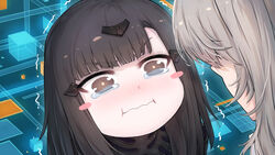  2girls :i absurdres anna_(girls&#039;_frontline) black_eyes black_hair blush blush_stickers closed_mouth commentary crying_aqua_(meme) girls&#039;_frontline grey_hair hair_ornament highres long_hair looking_at_another meme multiple_girls nyto_(girls&#039;_frontline) portrait solo_focus tama_yu tears thick_eyebrows trembling ump45_(girls&#039;_frontline) v-shaped_eyebrows wavy_mouth 