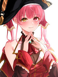  absurdres amyu_(amm_asl_pa) ascot bad_id bad_pixiv_id bicorne black_coat black_hat breasts brooch cleavage coat cropped_jacket female frilled_shirt_collar frills gold_trim hair_ribbon hat heterochromia highres hololive houshou_marine houshou_marine_(1st_costume) jacket jewelry large_breasts leotard leotard_under_clothes long_hair off_shoulder pirate pirate_hat red_ascot red_eyes red_hair red_jacket red_ribbon ribbon see-through see-through_cleavage see-through_leotard sleeveless sleeveless_jacket solo steepled_fingers twintails virtual_youtuber yellow_eyes 