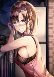  :d balcony bare_shoulders beer_can black-framed_eyewear black_bra blue_eyes bra breasts brown_hair can commentary_request drink_can female from_side glasses grin hair_ornament hairclip highres holding holding_can looking_at_viewer looking_to_the_side medium_breasts mole mole_under_eye night one_side_up open_mouth original outdoors semi-rimless_eyewear short_hair sideboob sky sleeveless smile solo star_(sky) starry_sky striped_bra striped_clothes tank_top teeth tsukasa_tsubasa under-rim_eyewear underwear upper_body vertical-striped_bra vertical-striped_clothes 