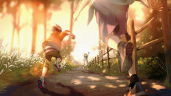  2boys absurdres bad_id bad_pixiv_id blurry blurry_background brown_hair clenched_hand dress female fence grass highres jacket long_hair macaronk multiple_boys orange_jacket original outdoors path running scenery shoes sneakers white_dress 