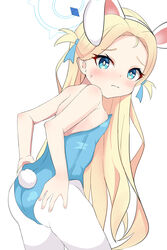  absurdres animal_ears ass bangs bare_arms bare_shoulders blonde_hair blue_archive blue_eyes blue_leotard blue_ribbon blush breasts bright_pupils closed_mouth clothes_pull cowboy_shot embarrassed eyelashes fake_animal_ears fake_tail female forehead from_side furrowed_brow halo hand_on_own_ass highres kura_chikara_ne leaning_forward leotard leotard_pull long_hair looking_at_viewer pantyhose parted_bangs playboy_bunny pulled_by_self rabbit_ears rabbit_tail ribbon simple_background small_breasts solo sora_(blue_archive) standing straight_hair sweatdrop tail turning_head two_side_up very_long_hair white_background white_pantyhose white_pupils 