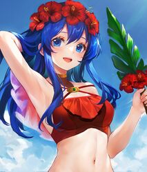  arm_behind_head bikini blue_eyes blue_hair cloud commentary_request english_commentary female fire_emblem fire_emblem:_the_binding_blade fire_emblem_heroes flower_wreath highres jurge lilina_(fire_emblem) lilina_(summer)_(fire_emblem) long_hair looking_at_viewer mixed-language_commentary official_alternate_costume open_mouth outdoors palm_leaf red_bikini smile solo swimsuit 