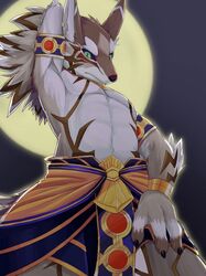  anthro athletic athletic_anthro athletic_male bracelet canid canine canis claws clothing egyptian egyptian_clothing fur gold_(metal) gold_jewelry green_eyes grey_body grey_fur hi_res jackal jewelry lifewonders male mammal nukumorigakari pecs raised_arm seth_(tas) solo tokyo_afterschool_summoners 