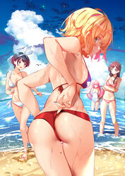  4girls absurdres ass bare_shoulders barefoot beach bikini bikini_pull black_hair blonde_hair blue_eyes blue_sky breasts brown_eyes brown_hair clothes_pull cloud collarbone commentary_request crossed_arms day from_behind hair_ribbon highres innertube kanojo_okarishimasu long_hair looking_at_viewer looking_back medium_breasts mizuhara_chizuru mole mole_on_leg mole_on_thigh multiple_girls nanami_mami navel ocean one-piece_swimsuit outdoors pink_bikini pink_hair pulling_own_clothes red_bikini ribbon sakurasawa_sumi sarashina_ruka short_hair sky standing stomach swim_ring swimsuit sydus thigh_gap thighs wading water wet wet_clothes white_bikini white_one-piece_swimsuit white_ribbon 