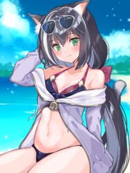  animal_ear_fluff animal_ears bare_shoulders beach bikini black_hair blue_sky blush breasts cat_ears cat_girl cat_tail closed_mouth collarbone day eyewear_on_head female green_eyes grey_jacket hair_between_eyes highres jacket karyl_(princess_connect!) karyl_(summer)_(princess_connect!) long_hair long_sleeves looking_at_viewer low_twintails miyakoto multicolored_hair navel ocean off_shoulder outdoors princess_connect! purple_bikini sky small_breasts smile solo sparkle split_mouth streaked_hair sunglasses swimsuit tail thighs twintails very_long_hair white_hair 