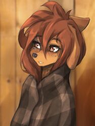  absurd_res anthro apogee_(tinygaypirate) bridge_piercing brown_body brown_eyes brown_fur brown_hair bust_portrait canid canine canis cheek_piercing cheek_tuft clothed clothing coat domestic_dog eye_markings eyebrow_through_hair eyebrows facial_piercing facial_tuft female freckles_on_ears freckles_on_face fur hair hi_res mammal markings mottled mottled_nose neck_tattoo nose_piercing piercing portrait smile solo tan_markings tinygaypirate topwear translucent translucent_hair tuft 