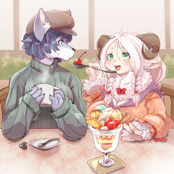  2020 alternative_fashion anthro blue_hair bovid braided_hair breasts canid canine canis caprine cherry clothed clothing container cup cutlery dessert duo female food fruit fur green_eyes hair hat headgear headwear holding_container holding_cup holding_object horizontal_pupils horn ice_cream j-fashion kemono kitchen_utensils lolita_(fashion) mammal plant pupils setouchi_kurage sheep spoon sundae sweater tools topwear white_body white_fur white_hair wolf 