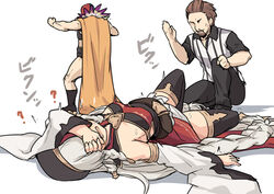  2boys after_sex beret black_headwear blunt_bangs braid breasts covering_own_eyes detached_sleeves dress erune female gran_(granblue_fantasy) granblue_fantasy grey_hair hat long_hair luchador_(granblue_fantasy) lying multiple_boys multiple_braids on_back open_mouth pholia shiseki_hirame side_braids simple_background small_breasts very_long_hair white_background wrestler wrestling_outfit 