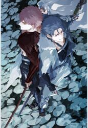  2boys black_gloves blue_hair cape capelet commentary cu_chulainn_(caster)_(fate) cu_chulainn_(fate) earrings emiya_shirou fate/grand_order fate_(series) fingerless_gloves from_above fur-trimmed_hood fur_trim gloves holding holding_sword holding_weapon hood hooded_capelet igote japanese_clothes jewelry long_hair looking_at_viewer male_focus multiple_boys orange_hair red_eyes red_hair sei_8220 senji_muramasa_(fate) short_hair smile spiked_hair staff sword weapon yellow_eyes 