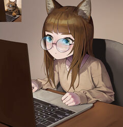  animal_ear_fluff animal_ears bad_id bad_twitter_id blunt_bangs brown_hair brown_sweater cat_ears chair closed_mouth commentary computer derivative_work dongho_kang english_commentary feline female glasses green_eyes highres indoors laptop long_hair long_sleeves looking_at_screen meme open_mouth original photo-referenced photo_inset real_life reference_inset reflection rimless_eyewear round_eyewear sitting solo sweater upper_body 