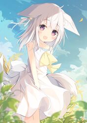  :d animal_ear_fluff animal_ears bare_arms bare_shoulders blush bow brown_eyes commentary_request day dress female hair_between_eyes highres kushida_you long_hair looking_at_viewer open_mouth original outdoors sleeveless sleeveless_dress smile solo standing tail white_bow white_dress white_hair yellow_bow 