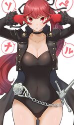  1girls :o bangs black_choker black_coat black_leotard breasts choker cleavage coat collarbone highres kasumi_yoshizawa kurosususu legs leotard looking_at_viewer medium_breasts persona persona_5 persona_5_royal ponytail red_eyes red_hair stomach sumire_yoshizawa thigh_gap very_long_hair wide_hips 