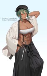  abs absurdres arm_behind_head bandeau beret black_hakama black_hat borrowed_character breasts cleavage closed_mouth commentary commission commissioner_name dark-skinned_female dark_skin earrings english_commentary feet_out_of_frame female green_hair hakama hakama_pants haori hat highres hip_vent jacket japanese_clothes jewelry jitte large_breasts mole mole_under_eye muscular muscular_female narumi_(hasturex) navel ofuda_earrings ohayosayonara open_clothes open_jacket original pants red_eyes second-party_source short_hair solo stomach stomach_tattoo tattoo tribal_tattoo weapon white_bandeau white_haori white_jacket 