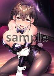  animal_ears bare_shoulders bed_sheet black_bow black_bowtie black_leotard black_pantyhose blush bow bowtie breasts brown_eyes brown_hair cleavage collarbone detached_collar detached_sleeves drooling ear_piercing earrings elbow_gloves empty_eyes fake_animal_ears fake_tail female gloves hair_between_eyes hairband hand_on_own_arm haruno_kasumi_(satou_kuuki) highleg highleg_leotard holding_own_arm indoors jewelry large_breasts leotard looking_at_viewer medium_hair mole mole_under_eye on_bed open_mouth original pantyhose piercing playboy_bunny rabbit_ears rabbit_tail saliva sample_watermark satou_kuuki shiny_clothes sitting solo strapless strapless_leotard sweat tail teeth tongue wariza watermark white_gloves wrist_cuffs 