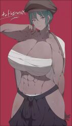  abs arm_behind_back beret black_hakama borrowed_character breasts brown_hat chest_sarashi cleavage collarbone commentary commissioner_name cowboy_shot dark-skinned_female dark_skin earrings english_commentary female green_hair hakama hand_up hat hip_vent huge_breasts jacket jacket_on_shoulders japanese_clothes jewelry mole mole_under_eye muscular muscular_female narumi_(hasturex) ofuda_earrings original panties panty_peek pink_eyes red_background sarashi second-party_source short_hair signature simple_background solo standing stomach ub1mo underwear white_jacket 