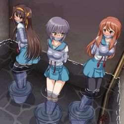  absurdres arms_behind_back asahina_mikuru bondage bondage bound bound_arms bound_legs collarbone gag gagged glasses highres improvised_gag nagato_yuki struggling suzumiya_haruhi suzumiya_haruhi_no_yuuutsu tape tape_bondage tape_gag taped_arms taped_fingers taped_hands taped_legs thalter39o worried 