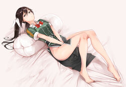  bare_legs barefoot bed_sheet belt between_legs black_eyes black_hair body_pillow bow bowtie buttons commentary_request dutch_angle feet female from_above hair_ribbon hand_between_legs highres indoors kantai_collection legs long_hair long_skirt looking_at_viewer lying no_panties on_back parted_lips pelvic_curtain pencil_skirt pillow revision ribbon shirt short_sleeves side_slit skirt solo toe_scrunch tone_(kancolle) tone_kai_ni_(kancolle) tsukino_wagamo twintails v_arms white_ribbon wing_collar 