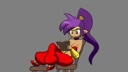  16:9 2d_animation animated blue_eyes book breasts chair clothing dark_body dark_skin ear_piercing female footwear furniture genie hair humanoid humanoid_pointy_ears long_hair motion_tweening navel not_furry piercing ponytail purple_hair shantae shantae_(series) short_playtime simple_background sitting smile solo wayforward widescreen zedrin 