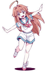  ahoge brown_eyes brown_hair commentary_request female kantai_collection kuma_(kancolle) long_hair neckerchief open_mouth outstretched_arms school_uniform serafuku shadow shorts simple_background smile solo spread_arms standing standing_on_one_leg tonmoh white_background wrists_extended 