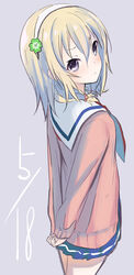  abe_kanari arms_behind_back blonde_hair blue_skirt blush cardigan commentary_request female from_behind hairband high_school_fleet long_hair long_sleeves looking_at_viewer looking_back low_twintails photoshop_(medium) pleated_skirt purple_eyes school_uniform serafuku skirt solo twintails wakasa_reo yokosuka_girls_marine_high_school_uniform 