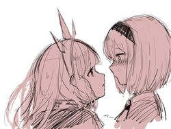  2girls bad_id bad_twitter_id blush cagliostro_(granblue_fantasy) commentary_request djeeta_(granblue_fantasy) granblue_fantasy hairband long_hair looking_at_another multiple_girls nose_blush open_mouth profile sherad short_hair simple_background tears upper_body white_background yuri 