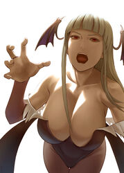  backlighting bare_shoulders blunt_bangs breasts bugfix commentary_request female head_wings large_breasts long_hair looking_at_viewer morrigan_aensland open_mouth pantyhose red_eyes solo standing vampire_(game) white_background wings 