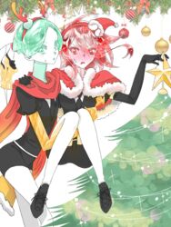  2others androgynous antlers blush capelet carrying christmas christmas_ornaments christmas_tree cinnabar_(houseki_no_kuni) colored_eyelashes colored_skin commentary_request crystal_hair easty elbow_gloves embarrassed eyes_visible_through_hair fur_trim gem_uniform_(houseki_no_kuni) gloves golden_arms green_eyes green_hair hand_on_another&#039;s_shoulder hat horns houseki_no_kuni long_bangs looking_at_viewer multiple_others necktie other_focus phosphophyllite princess_carry red_eyes red_hair santa_hat scarf short_hair spoilers white_skin 