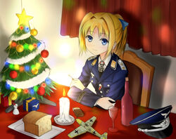  :3 alcohol bf_109 blonde_hair blue_eyes blush bow bread candle chair christmas christmas_tree cigarette cigarette_pack commentary_request cross cup curtains drinking_glass epaulettes female food gift hairbow hat indoors iron_cross long_hair looking_at_viewer luftwaffe military military_uniform model model_airplane necktie original phanc plate ponytail sitting smile solo star_(symbol) table uniform wine wine_glass world_war_ii 