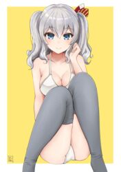  bad_id bad_pixiv_id blue_eyes bra breasts female grey_hair kantai_collection kashima_(kancolle) large_breasts nayuhi_(yukimuu14) no_headwear panties smile solo thighhighs tsurime underwear wavy_hair 