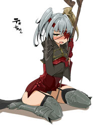  armor blush commentary_request eyepatch female garter_straps gloves grey_hair lord_of_vermilion lord_of_vermilion_iii momio oerba_yun_fang panties sitting solo staff teo_(lord_of_vermilion_iii) thighhighs twintails underwear wariza 