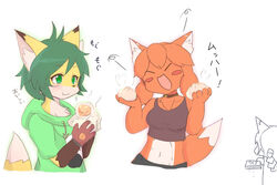  anthro canid canine closed_eyes concon-collector dawnlight_fox_gekka duo eating female fox fur gosounokitsune_sonhaku green_eyes green_hair gyoukounokitsune_sousou hair happy japanese_text kakuteki11029 kemono mammal reading red_body red_fur red_hair short_hair text translated 