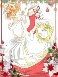  2others alternate_costume androgynous blonde_hair christmas christmas_ornaments christmas_stocking colored_eyelashes colored_skin commentary_request crystal_hair easty hat houseki_no_kuni looking_at_viewer mob_cap multiple_others open_mouth orange_eyes orange_hair other_focus short_hair sleepwear smile white_skin yellow_diamond_(houseki_no_kuni) yellow_eyes zircon_(houseki_no_kuni) 