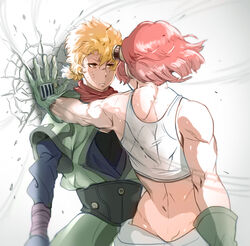  1boy against_wall arm_at_side back clothes_around_waist commentary_request crack cracked_wall crop_top debris female gloves goggles goggles_on_head green_gloves grey_background hair_between_eyes half-closed_eyes japanese_clothes kabedon koutetsujou_no_kabaneri layered_sleeves long_sleeves looking_at_another low_ponytail midriff motion_blur motion_lines muscular muscular_female nervous_sweating outstretched_arm photoshop_(medium) pink_hair red_scarf san_(kero1991) scarf shade short_hair short_over_long_sleeves short_sleeves sleeveless straight strong sukari_(kabaneri) sweat tank_top uniform upper_body visible_air yellow_eyes yukina_(kabaneri) 