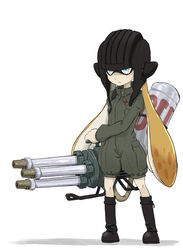  alternate_species black_footwear blonde_hair blue_eyes boots closed_mouth commentary emblem female full_body gatling_gun girls_und_panzer green_jumpsuit hasisisissy helmet highres holding holding_weapon hydra_splatling_(splatoon) inkling_girl inkling_player_character jumpsuit katyusha_(girls_und_panzer) knee_boots long_hair long_sleeves military military_uniform pravda_military_uniform short_jumpsuit simple_background solo splatoon_(series) standing tank_helmet tentacle_hair uniform weapon white_background 