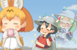  3girls :3 =_= animal_ears backpack bad_id bad_pixiv_id bag black_gloves black_hair blonde_hair blurry camouflage_trim closed_eyes commentary_request depth_of_field drooling eating elbow_gloves food glasses gloves green_hair grey_headwear hat hat_feather helmet japari_bun kaban_(kemono_friends) kemono_friends long_hair mirai_(kemono_friends) mouth_drool multiple_girls no_nose pith_helmet pozesuke serval_(kemono_friends) serval_print short_hair short_sleeves sparkle white_gloves 