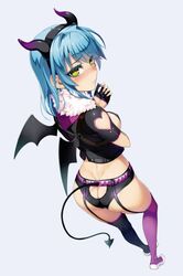  ass ass_cutout blue_hair blush breasts butt_crack cosplay fake_tail female female heart_cutout keyhole_panties looking_at_viewer looking_back nonaka_yuki shinmai_maou_no_testament shiny_skin solo succubus tail thighhighs yellow_eyes 