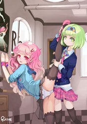  +_+ 2boys arm_support assisted_stretching bad_id bad_pixiv_id badge black_legwear breasts button_badge crossdressing earrings green_eyes green_hair hair_ornament hairband hairclip jewelry josou_seme leg_up long_hair looking_at_viewer male_focus medium_breasts multiple_boys necktie original otoko_no_ko panties photoshop_(medium) pink_hair power_symbol print_ornament red_eyes riccae skirt smiley_face stretching sweater symbol-shaped_pupils thighhighs underwear union_jack wristband yaoi 