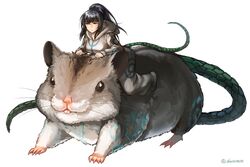  aken animal black_hair commentary cosplay female hamster hamsuke hamsuke_(cosplay) high_ponytail hood long_hair narberal_gamma overlord_(maruyama) oversized_animal ponytail riding tail twitter_username white_background 