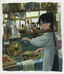  :o apron basket black_hair blue_eyes blush brush carrot cheese_grater chopsticks clothes_pin commentary_request cooking cutting_board dishes eyebrows_hidden_by_hair faucet female food from_behind glass_bottle housewife houshou_(kancolle) indoors jar kantai_collection kappougi kettle kitchen ladle long_hair long_sleeves looking_at_viewer looking_back marmalade note open_mouth osandon painting_(medium) paper_towel ponytail pot salt_shaker scissors shelf shijukara_(great_tit) sieve sink solo soy_sauce soy_sauce_bottle spatula split_mouth spoon tiles toothbrush towel traditional_media vegetable washing water watercolor_(medium) wet white_apron window 